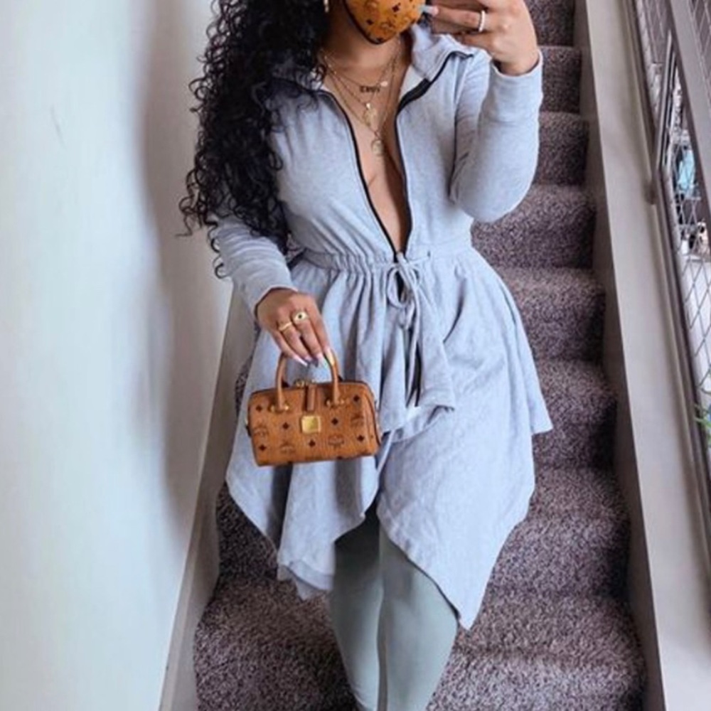 Casual zip up, cinch waist asymmetrical grey coat
